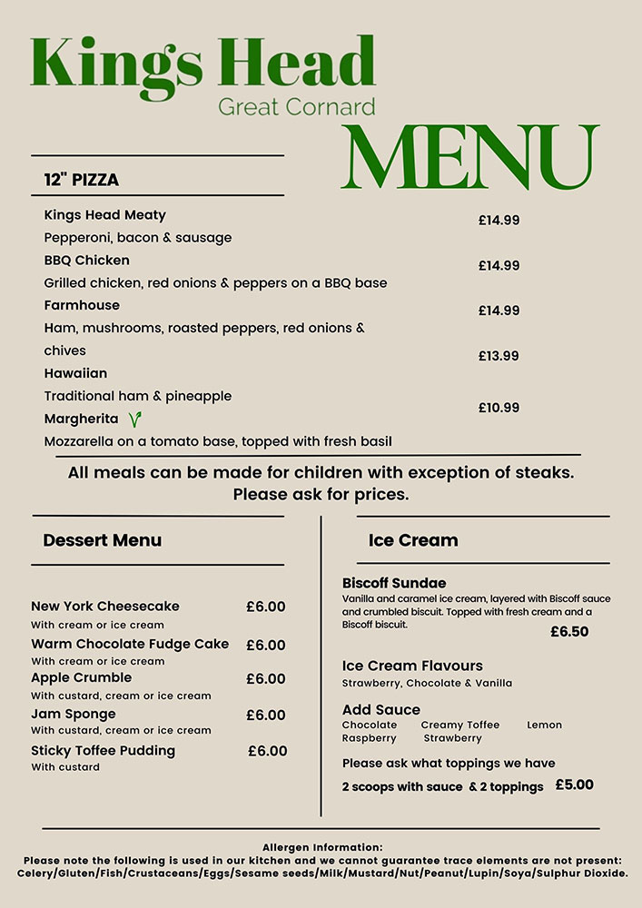 Menus - Kings Head Public House